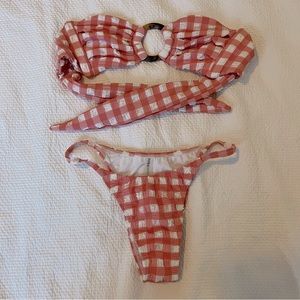 Montce Shrimp Gingham Celeste Bikini Bottom (S) and Tori Ties Bandeau Top (XS)